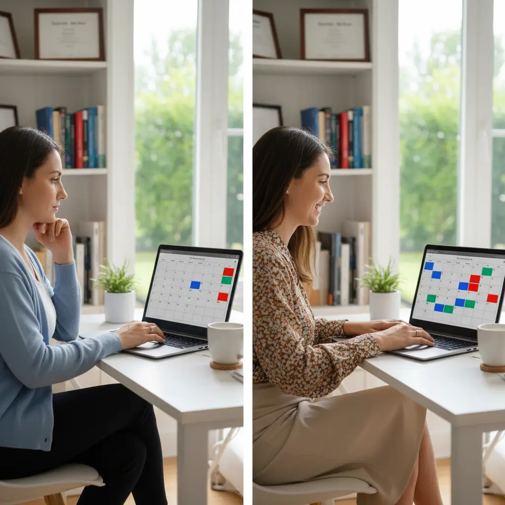Frau vor dem digitalen Kalender auf ihrem Laptop im Vorher/Nachher Blick.